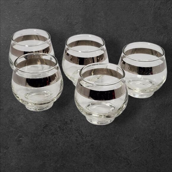 Set of 5 Vintage Anchor Hocking Roly Poly Glasses Platinum Band Mid-Century MCM - Picture 1 of 8